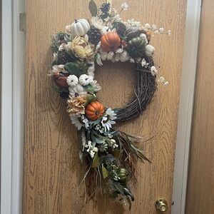 Rustic Autumn Wreath with Pumpkins and Flowers